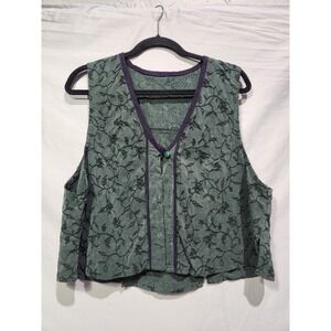 Y2K Single Button Open Front Womens Vest‎ Green W Navy Piping Accent Floral MED